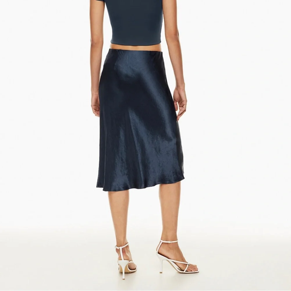 Aritzia Babaton Satin Slip Midi Skirt Navy - Picture 2 of 5